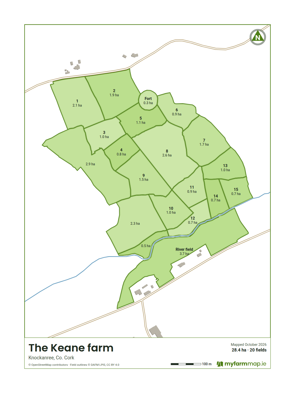 A framed map of a farm: its fields in greens, each named, the roads and the river round it, and the farm's name along the foot